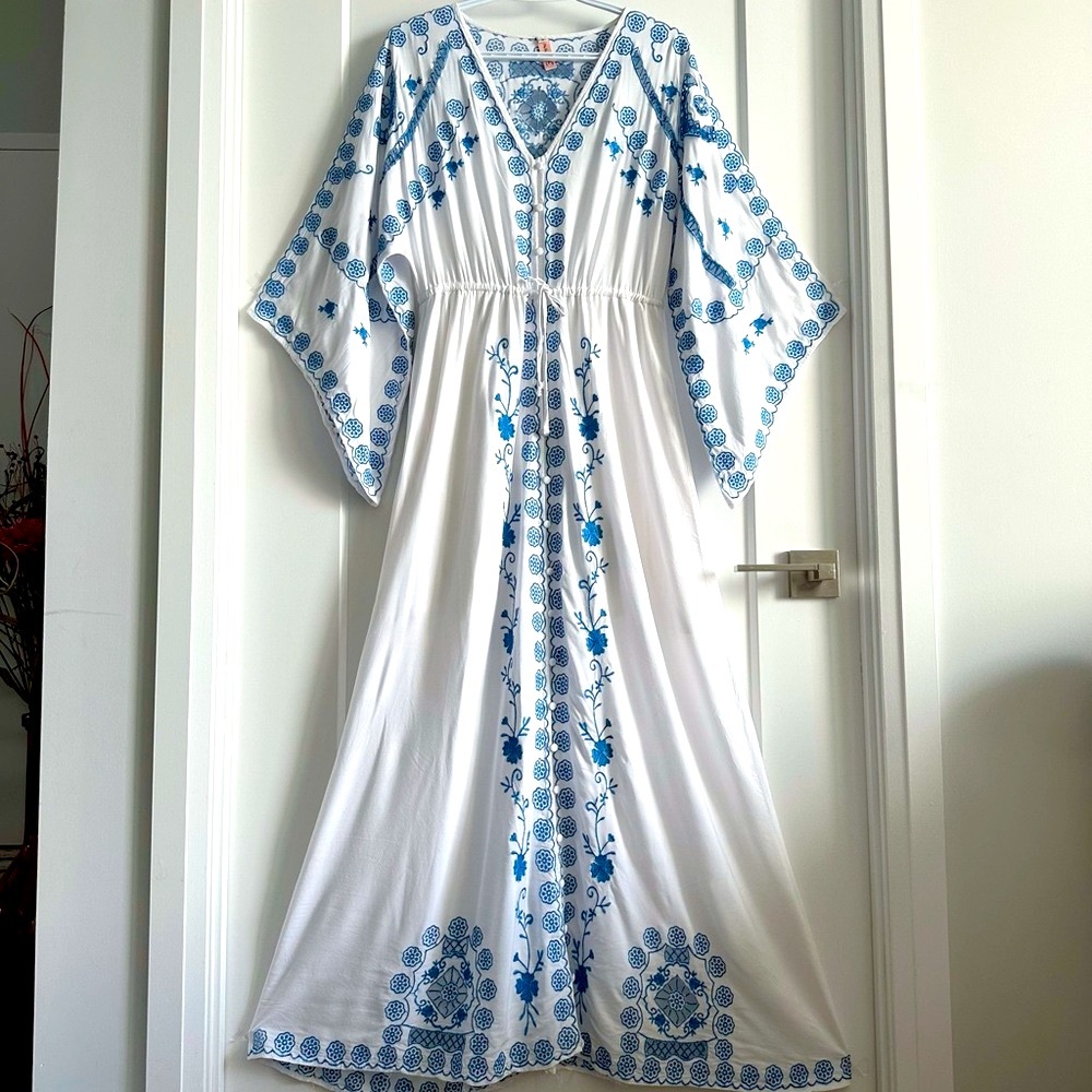 White and Blue Resort Maxi Gown with Dolman Sleeves